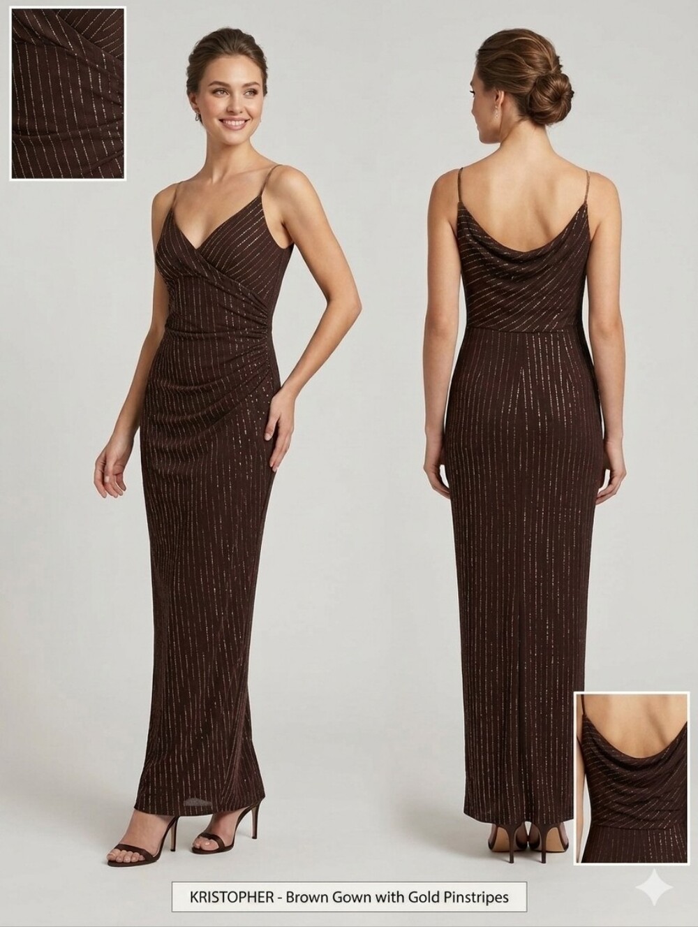 Jodi Kristopher Brown Maxi Dress with Gold Metallic Stripes Size Medium